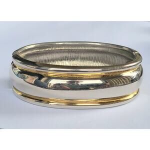 Silver Gold 2-Tone Hinged Bangle Wide Bracelet Men Women